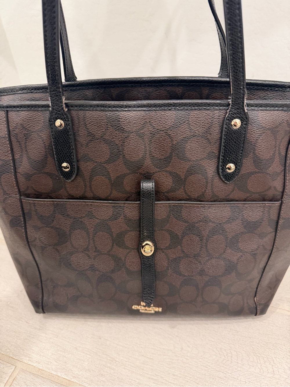 Coach Brown Signature Canvas Tote with Black Accents and Gold Hardware